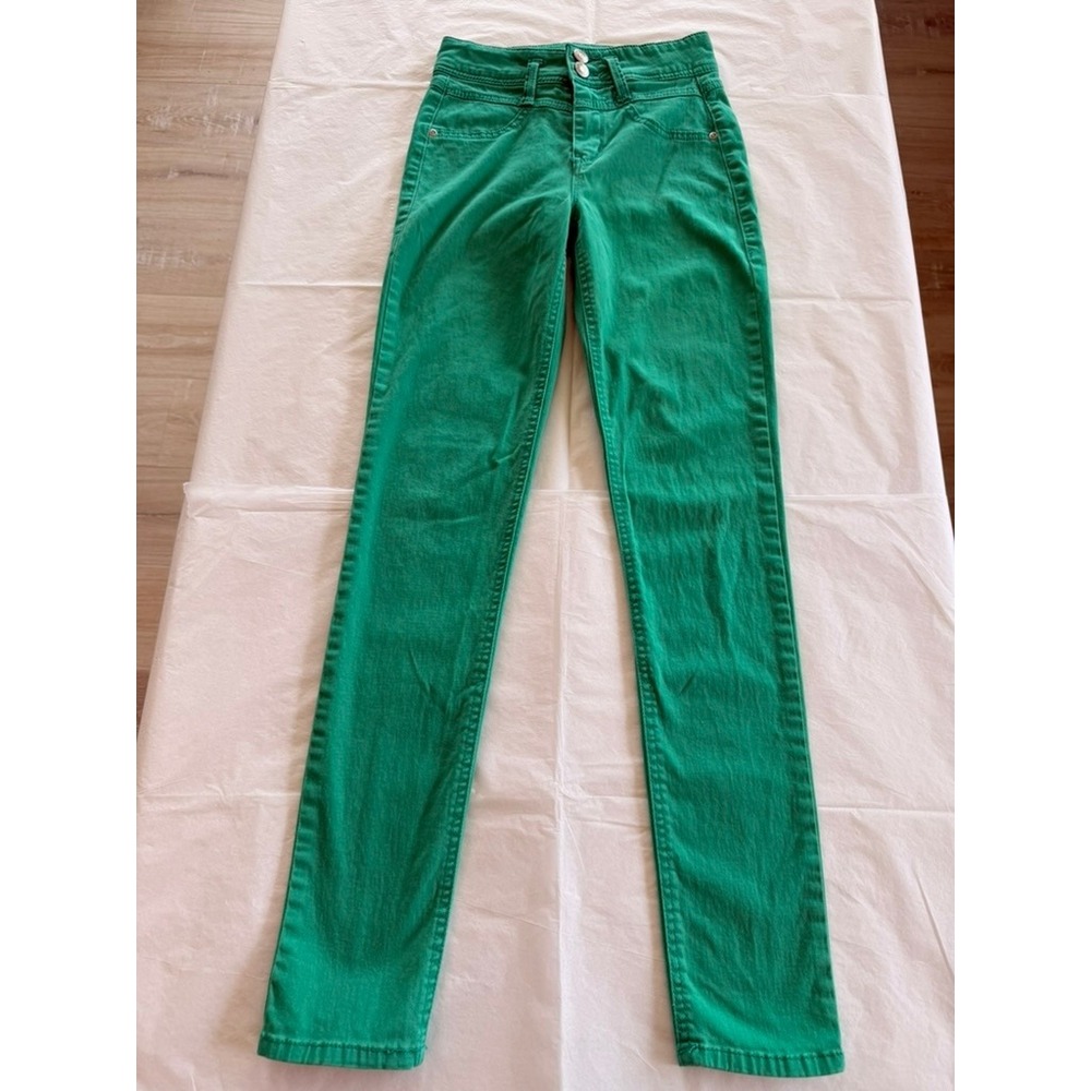 Rue21 Skinny Jeans Women Size 0 Green Good High Waisted Double Button Stretch